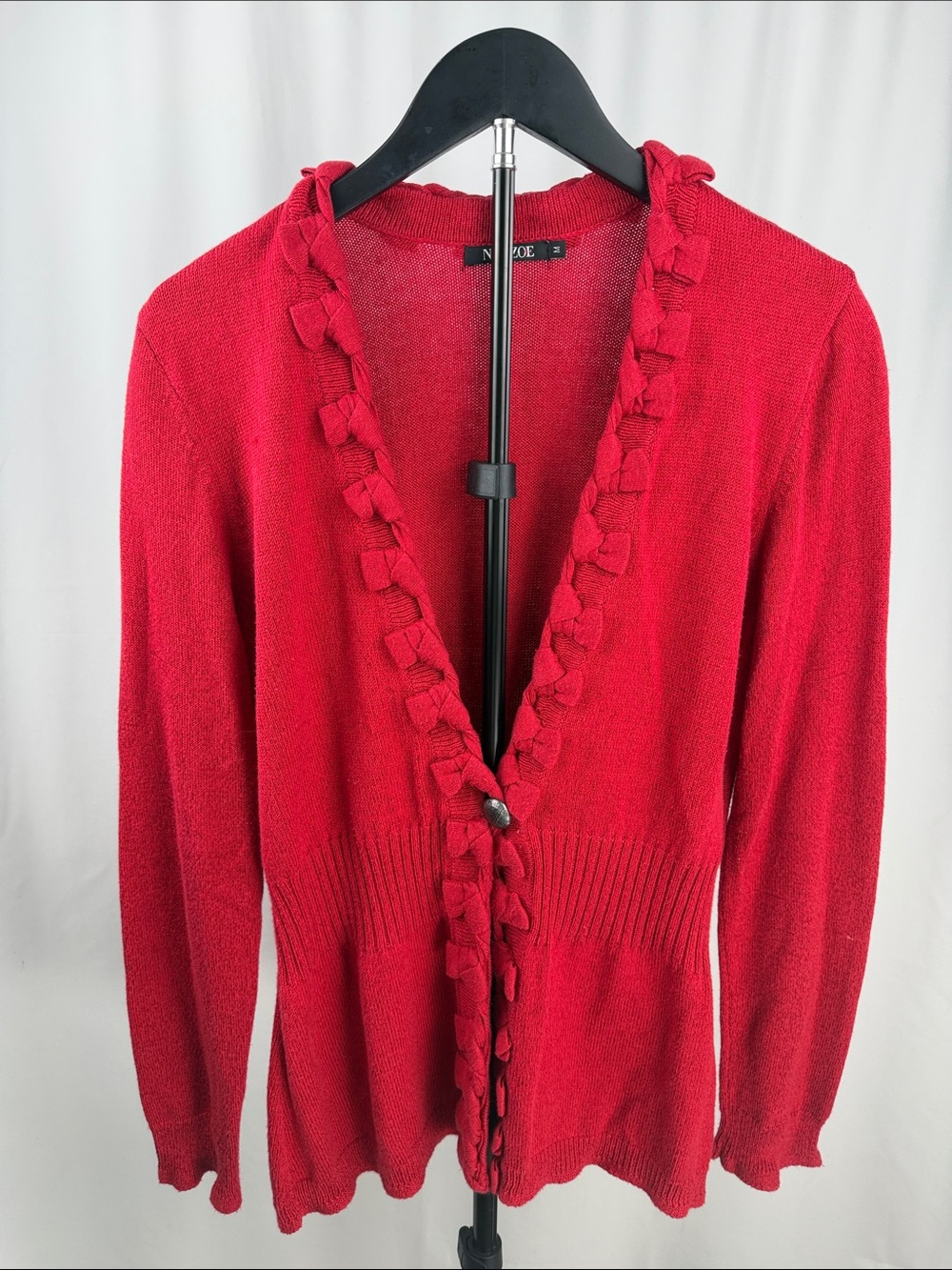 New York & Company Red Bow-Trim V-Neck Cardigan